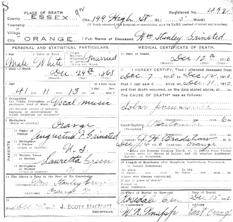 Frank C. Stanley's death certificate