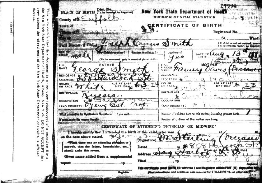 Joseph C. Smith's Birth Certificate