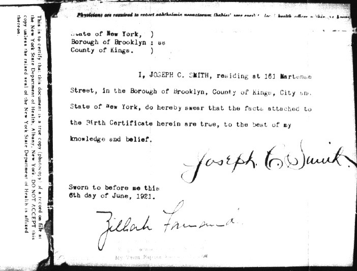 Joseph C. Smith's Birth Certificate