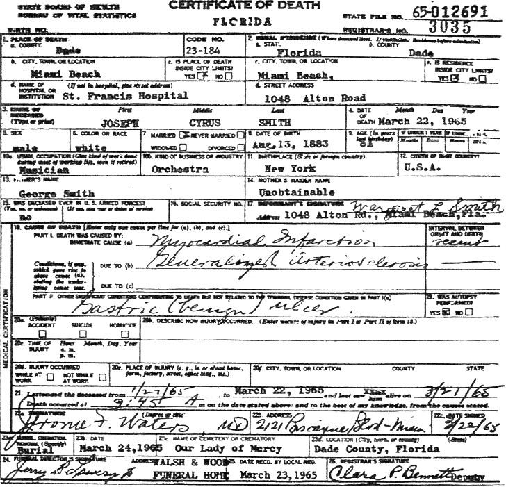 Joseph C. Smith's Death Certificate
