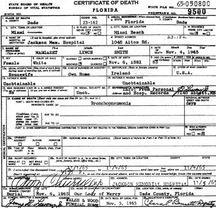 JOSEPH C. SMITH Margaret Smith's Death Certificate